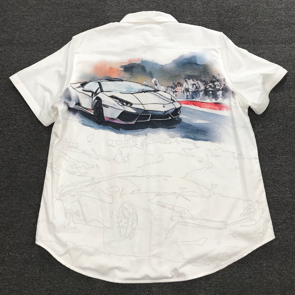 Robert Graham Supercar Graphic Shirt Mens 2XL White Short Sleeve Stretch NWT